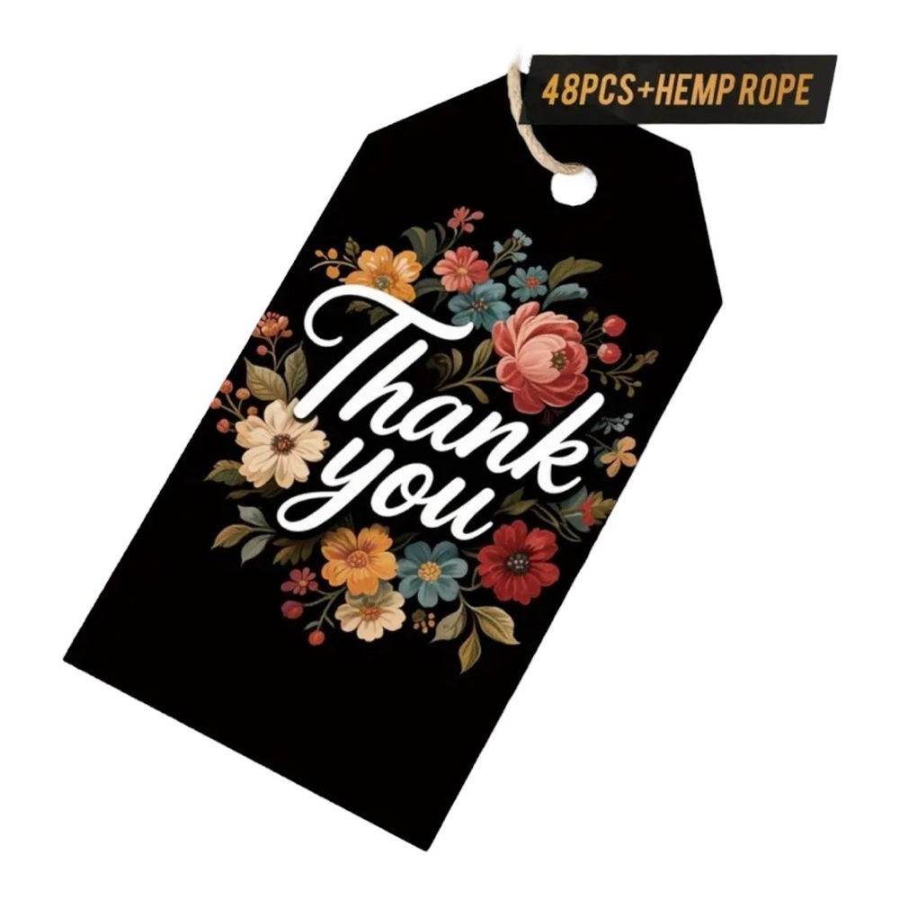 48 Piece Floral Black ‘Thank You’ Tags with Hemp Rope